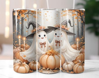 Spooky Season Coquette Cute Ghost Tumbler Wrap PNG, Pumpkin Witch Ghosts, Halloween 20oz Skinny Tumbler Sublimation Design, Fall Digital