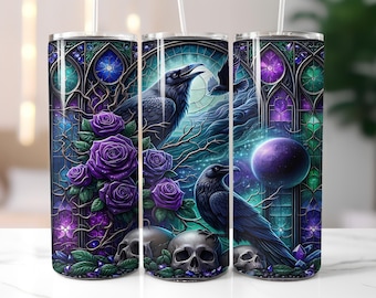 Gothic Garden Tumbler Wrap, Victorian Poe Raven 20 Oz Skinny Sublimation Tumbler PNG, Mythical Fantasy Dark Academy Digital Download