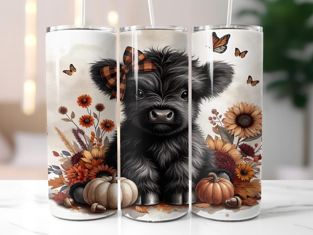 Fall Highland Cow Tumbler Wrap PNG, Black and White Baby Cow 20oz ...