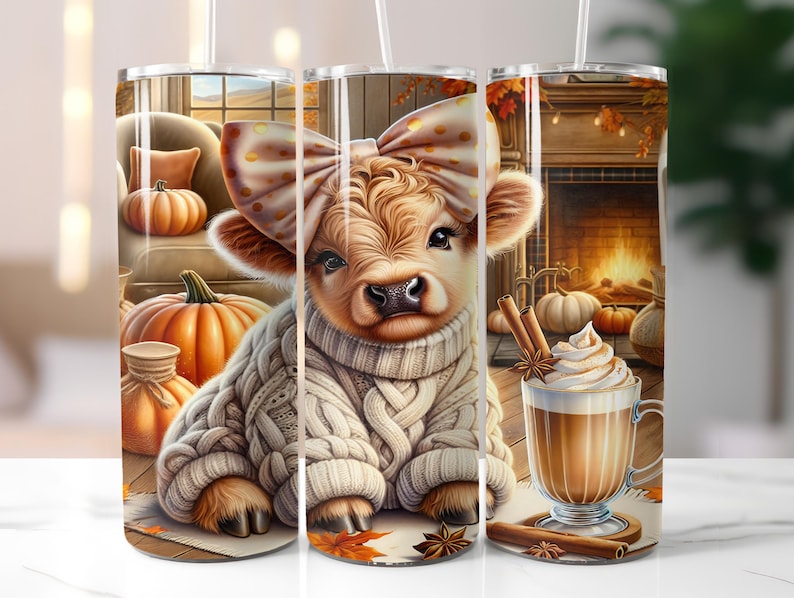 Fall Cute Baby Highland Cow 20oz Skinny Tumbler Wrap, Coquette Fall ...