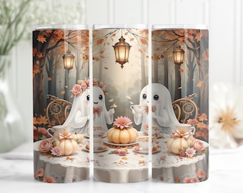 Spooky Season Coquette Ghost Tumbler Wrap PNG, Cute Pumpkin Witch Ghosts, Halloween 20oz Skinny Tumbler Sublimation, Fall Digital Design
