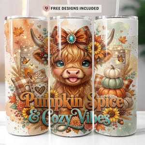 Pumpkin Spice & Cozy Vibes Tumbler Wrap PNG, Highland Cow Fall 20 Oz Skinny Tumbler Sublimation Design, Autumn Fall Tumbler Digital Download