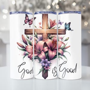 Pastel Christian Tumbler Wrap, God Is Good 20oz Skinny PNG, Faith Butterfly Bible Verse Wrap, Religious Inspirational Sublimation Design