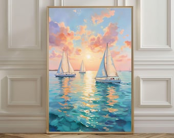 Afdrukbare kunst aan de muur zeilboot, luxe zeilboot Wall Art Print poster digitale download, oud geld nautisch decor digitale print