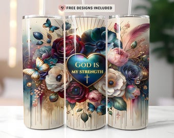 Christian Tumbler Wrap, Faith Sublimation, God Is My Strength 20oz Skinny Tumbler PNG, Bible Verse Wrap, Religious Inspirational Design
