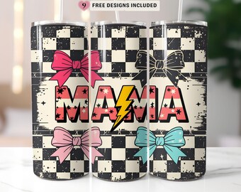 Checkered Mama Tumbler Wrap, Retro Grunge Mom 20oz Skinny Sublimation Tumbler Design, Mother's Day Digital Download PNG