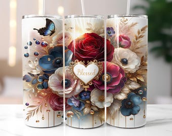 Christian Tumbler Wrap PNG, Blessed Floral 20oz Skinny Sublimation Design, Religious Inspirational Design, God Jesus Wrap, Digital Download