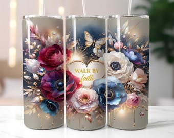 Walk by Faith Tumbler Wrap PNG, Christian Floral 20oz Skinny Tumbler Design, Inspirational Bible Verse Sublimation, Faith Quote Wrap