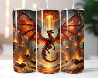 Fantasy Dragon Tumbler Wrap PNG, Magical Book Lover Sublimation Design, 20oz Digital Download, Dark Academia Aesthetic