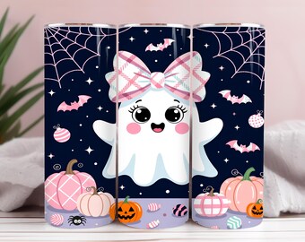 Bicchiere sottile da 20 oz con design a sublimazione, fantasma rosa, zucca, ragnatela e fiocco, fantasma pastello, stagione spettrale PNG, grazioso design di Halloween