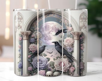 Gothic Garden Tumbler Wrap, Victorian Poe Raven 20 Oz Skinny Sublimation Tumbler PNG, Mythical Fantasy Dark Academy Digital Download