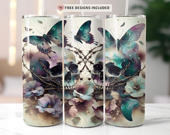 Könnte beinhalten: Drei Edelstahlbecher mit einem Schädel- und Schmetterlingsdesign. Das Design zeigt einen Schädel mit türkisfarbenen und lila Akzenten, Schmetterlingen und floralen Elementen. Der Text "9 FREE DESIGNS INCLUDED" steht oben.