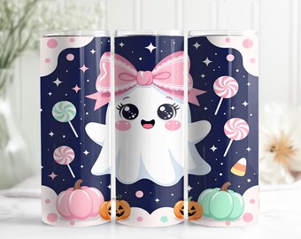 Preppy Ghost Boo PNG, Fantasma rosa, Zucca, Ragnatela e fiocco, Bicchiere sottile da 20 once con design a sublimazione, Stagione spettrale PNG