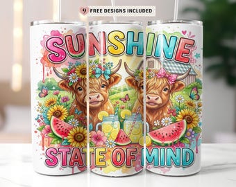 Sunshine State of Mind Highland Cow Tumbler Wrap PNG, Watermelon Summer 20oz Skinny Sublimation Design, Cute Floral Cow Digital Download