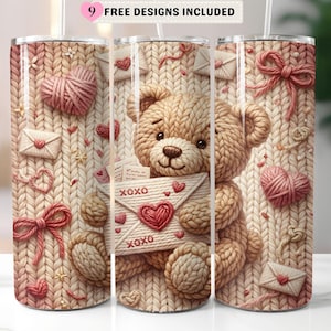 Faux Yarn Teddy Bear Valentine Tumbler Wrap 20oz Skinny, Cute Crochet Knit Love Bear XOXO Sublimation PNG, Cozy Pink Heart Digital Download