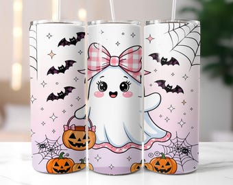 Bicchiere sottile da 20 oz con design a sublimazione, fantasma rosa, zucca, ragnatela e fiocco, fantasma pastello, stagione spettrale PNG, grazioso design di Halloween
