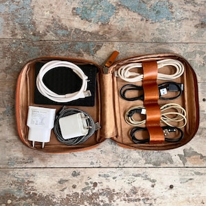 Personalized Travel Cable Organizer , Leather Charger Organizer Bag, Travel Electronics Bag, Tech Organizer, Handmade Gift for him or her