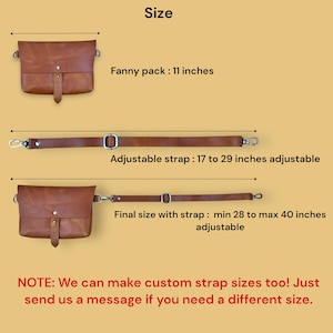 May include: A brown leather fanny pack with an adjustable strap. The fanny pack is 11 inches wide. The adjustable strap is 17 to 29 inches, and the final size with the strap is adjustable from 28 to 40 inches.