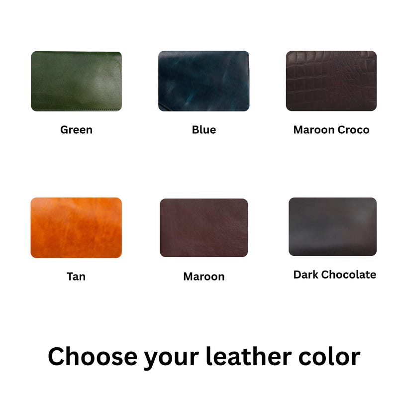 May include: A selection of leather swatches in various colors, including green, blue, maroon, tan, and dark chocolate. The text "Choose your leather color" is displayed below the swatches.