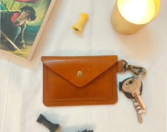 Personalized Leather Card Wallet Keychain, Slim Coin Purse