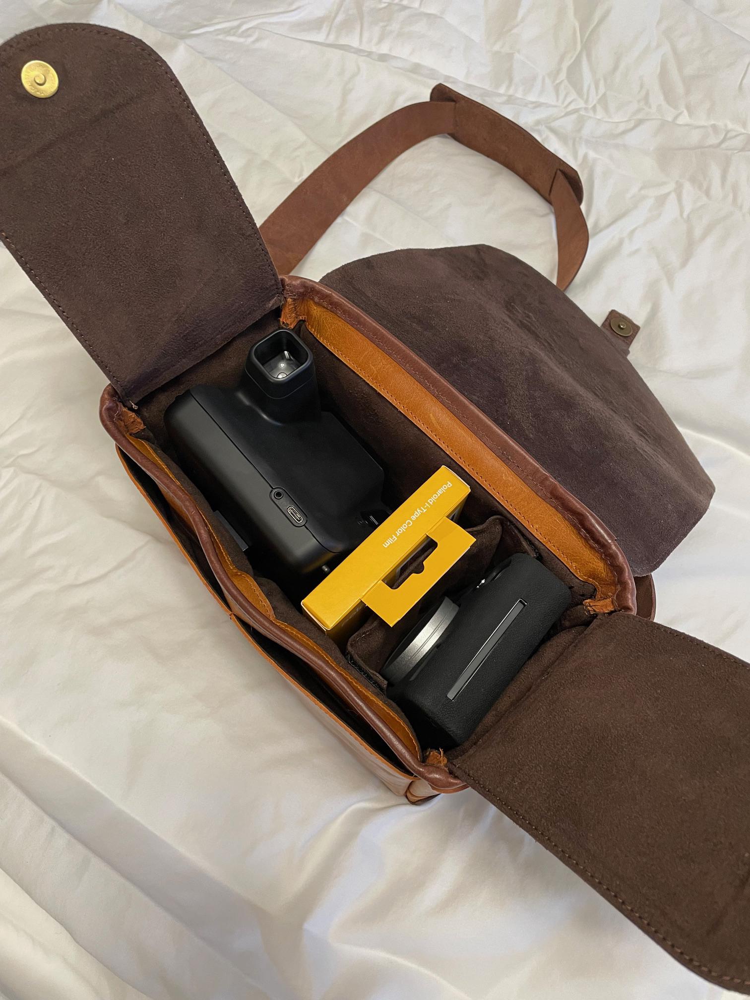 Personalized Leather Polaroid Camera Bag, Camera Satchel Bag, Saddle Bag Dual tone Shoulder Camera Bag For Polaroid, Father's day gift.