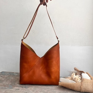 Full Grain Leather Tote Bag, Adjustable Strap Hobo Shoulder Purse, Handmade Everyday Bag