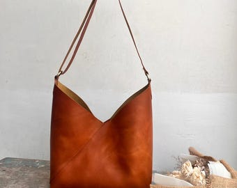 Full Grain Leather Tote Bag, Adjustable Strap Hobo Shoulder Purse, Handmade Everyday Bag