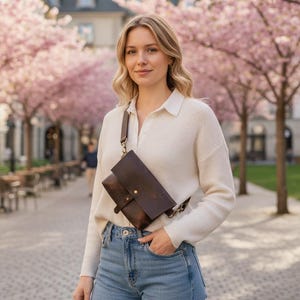 May include: A dark brown leather crossbody bag with a rectangular design and a flap closure. The bag has a long adjustable strap and is worn across the body. The background features a blurred outdoor scene with pink flowering trees.