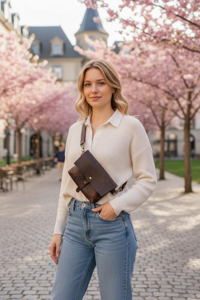 May include: A dark brown leather crossbody bag with a rectangular design and a flap closure. The bag has a long adjustable strap and is worn across the body. The background features a blurred outdoor scene with pink flowering trees.