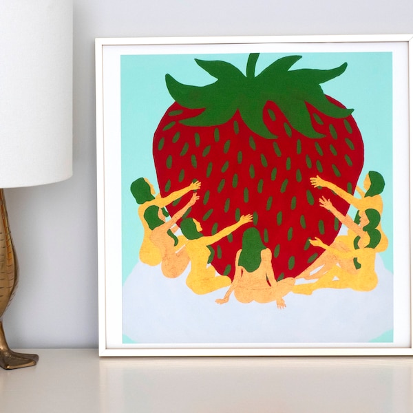 Strawberry Women Print , Botanical Art , Fine Art Print , Feminist Art, Figure Drawing , Unity , Pop Art , Wall Art , Acrylic Painting