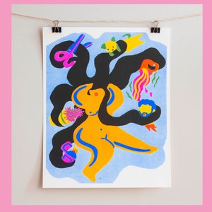 Riso Print, Woman with Stress Dreams, Medusa, Risograph, Art Print