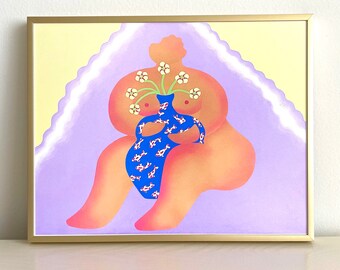 Woman with Flowers, Female Figure, Fine Art Print, Still Life Art, Wall Art, Acrylic Painting Print, Flowers, Feminist Art, Pop Art,