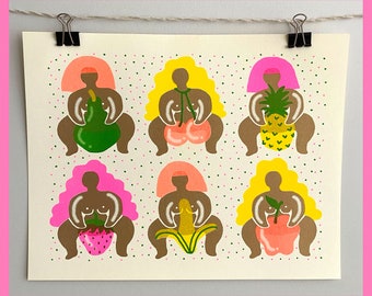 Riso Print, Women with Fruits, Female Figure, Risograph, Art Print, Unity, Still Life, Cherries, Pineapple, Strawberry