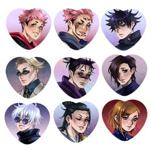 May include: Nine heart-shaped pins featuring anime-style characters with different hairstyles, clothing, and expressions. The pins are on a white background.