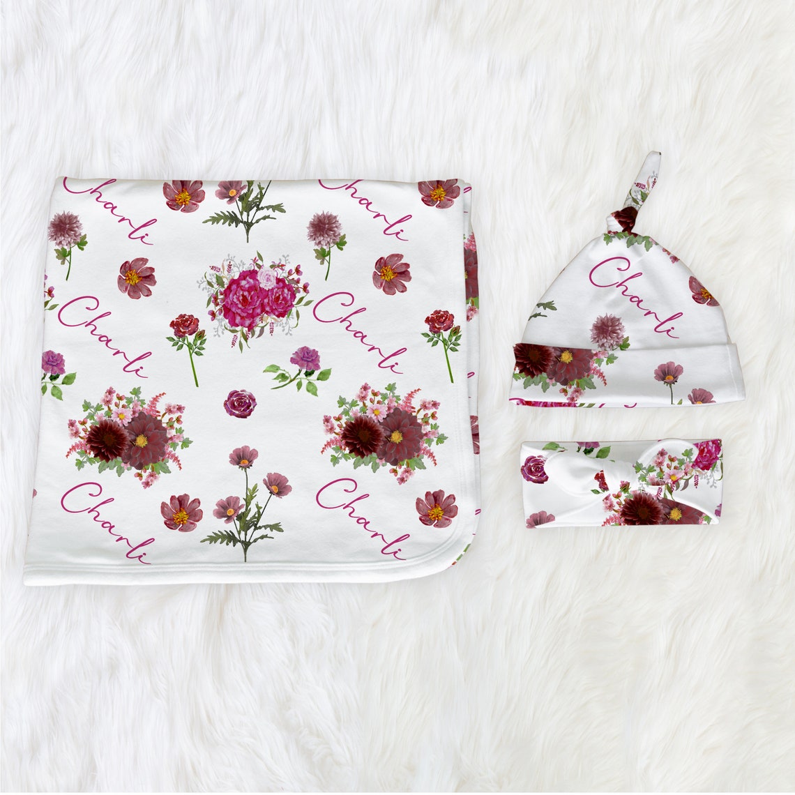 Personalised Floral Baby Swaddle Baby Beanie Newborn Baby Etsy Australia