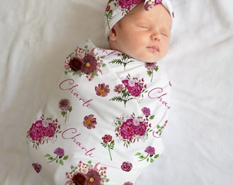 Personalised Floral Baby Swaddle, Baby Beanie, Newborn Baby Set, Baby Girl gift, Baby Shower gift, Baby Set