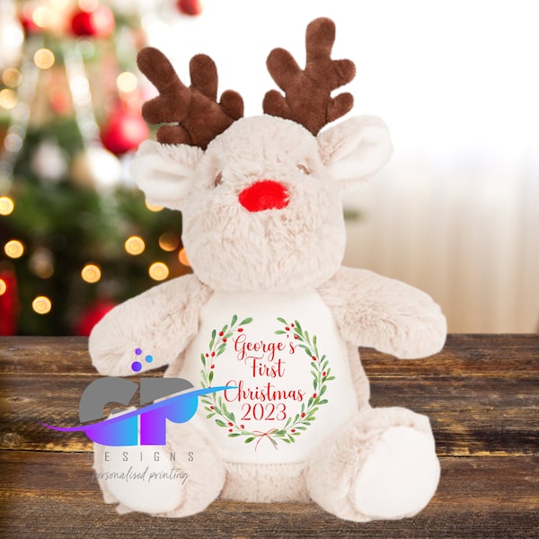 Plush Reindeer Personalised First Christmas 2023, Reindeer Teddy Bear, Christmas Keepsake