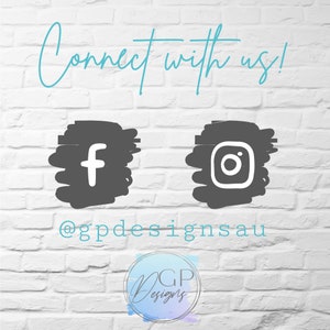 Puede incluir: Fondo de pared de ladrillo blanco con el texto "Connect with us!" en azul. Debajo del texto hay dos iconos de redes sociales: un icono de Facebook y un icono de Instagram. El texto "@gpdesignsau" est&aacute; debajo de los iconos.