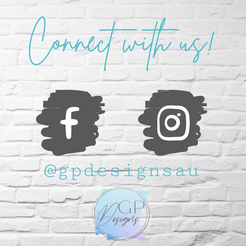 Puede incluir: Fondo de pared de ladrillo blanco con el texto "Connect with us!" en azul. Debajo del texto hay dos iconos de redes sociales: un icono de Facebook y un icono de Instagram. El texto "@gpdesignsau" est&aacute; debajo de los iconos.