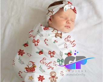 Personalised Christmas Baby Swaddle, Baby Beanie, Newborn Baby Set, Baby Girl gift, Baby Shower gift, Baby Set