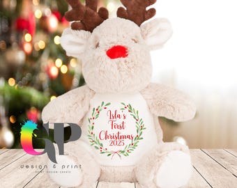Plush Personalised First Christmas 2025, Reindeer Teddy Bear, Christmas Keepsake
