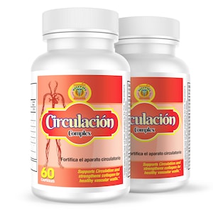 Puede incluir: Dos botellas blancas de un suplemento dietético llamado "Circulación Complex" con etiquetas rojas y blancas. Las botellas contienen 60 cápsulas cada una y están etiquetadas "Fortifica el aparato circulatorio" y "Supports Circulation and strengthens collagen for healthy vascular walls."