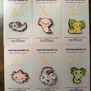 Axolotl Needle Minder: Magnetic Enamel Pin for Cross Stitch & Embroidery