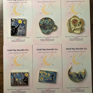 Starry Night Needle Minder: Magnetic Enamel Pin for Cross Stitch