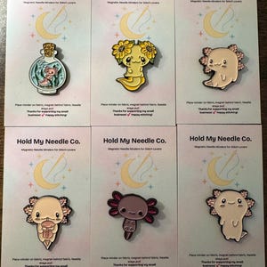 Axolotl Needle Minder: Magnetic Enamel Pin for Cross Stitch & Embroidery