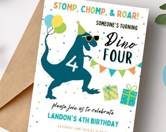 Dino Four Birthday Invitation, Dino Four Invitation, 4th Birthday Dinosaur Invitation, T-Rex Invitation, Printable Dino Four Invitation
