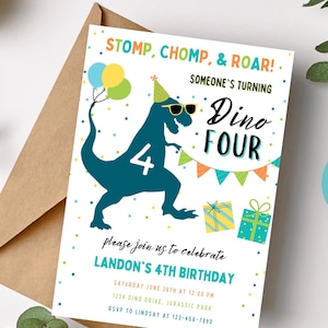 Dino Four Birthday Invitation, Dino Four Invitation, 4th Birthday Dinosaur Invitation, T-Rex Invitation, Printable Dino Four Invitation