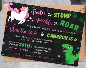 Unicorn and Dinosaur Invitation Printable, Dinosaur & Unicorn Invite Instant Download, Sibling Birthday Digital Invite Editable Template