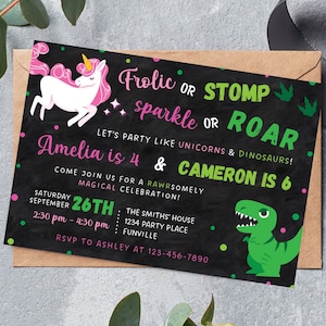 Unicorn and Dinosaur Invitation Printable, Dinosaur & Unicorn Invite Instant Download, Sibling Birthday Digital Invite Editable Template