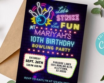 Girl Bowling Invitation, Bowling Invitation Girl, Girl Bowling Party Invite, Girl Bowling Birthday, Bowling Editable Template, Strike Up